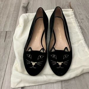 Charlotte Olympia Black Velvet Cat Flats